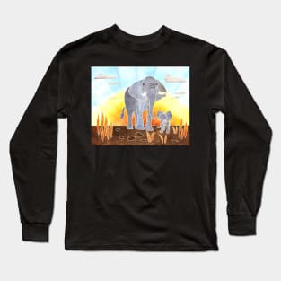 Majestic Elephant with Cute Baby Elephant, Elephant Design, Batik silk painting style Long Sleeve T-Shirt